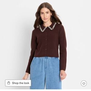 Elegant Brown Cardigan with beautiful embellished Collar